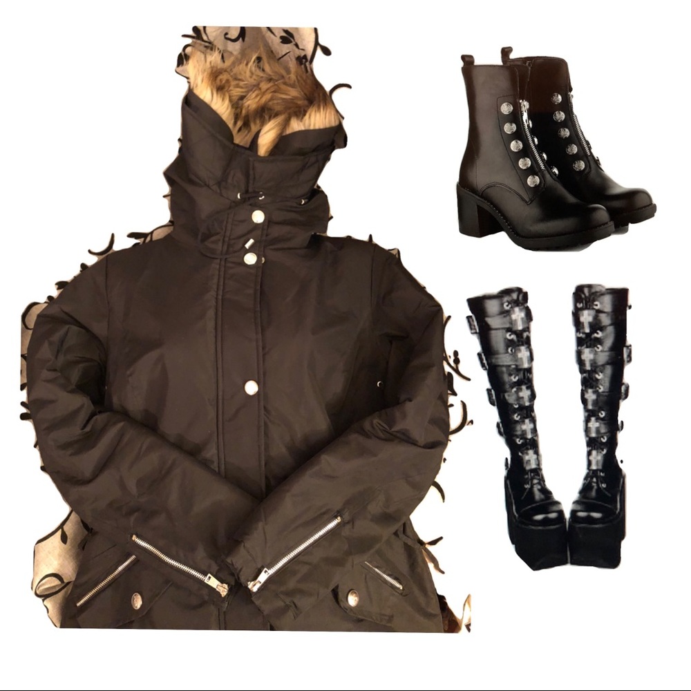 Black 🥀 Side Lace-Up Coat w/ Faux Fur Trim Hood